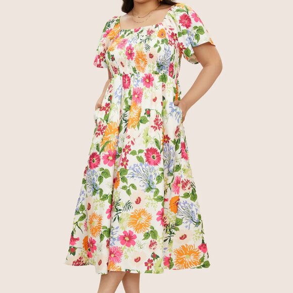 BloomChic Dresses & Skirts - 2X Floral Shirred Square Neck Ruffle Hem Dress NWT